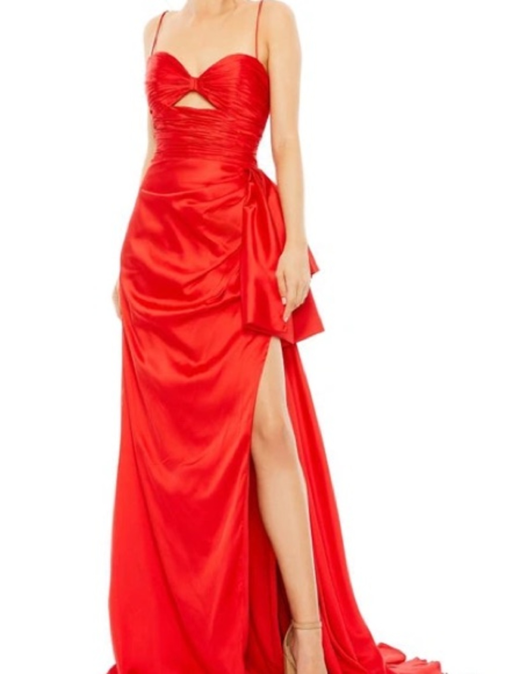 Mac Duggal Red Satin Spaghetti-Strap Prom Gown with Side Slit